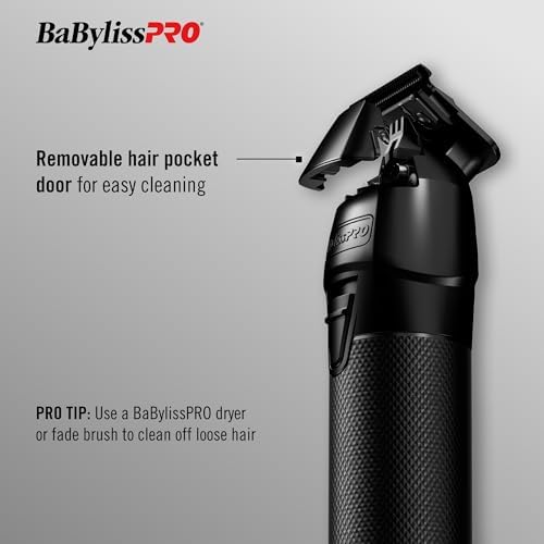 BaBylissPRO professional detailing trimmer lying down with fast-charging base and cleaning oil