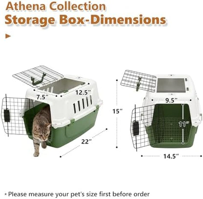 Green and white Athena Collection cat carrier side angle emphasizing the ventilation slots.
