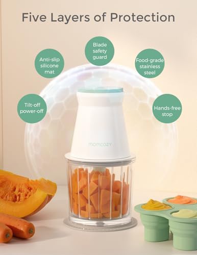 Momcozy baby food maker showing the sharp six stainless steel blade assembly close up