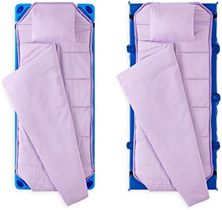 Close up view of the elastic corner straps on the Wake In Cloud lavender preschool bedding set