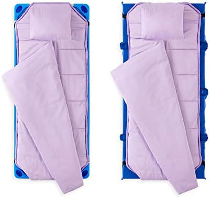 Close up view of the elastic corner straps on the Wake In Cloud lavender preschool bedding set