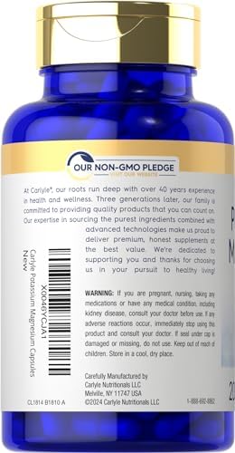 Authentic USA imported Carlyle Potassium Magnesium capsules bottle showing non-GMO gluten free seals