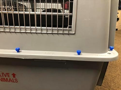 Close up view of the ribbed blue plastic wing nuts and short seven eighths inch metal screws for dog kennels.