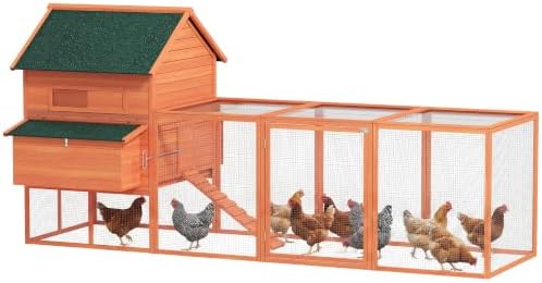 PawHut 137" Chicken Coop for 4-6 Chickens, Large Chicken House, Wooden Poultry Hen Cage with Nesting Box and Run for Backyard, Orange - Image 2