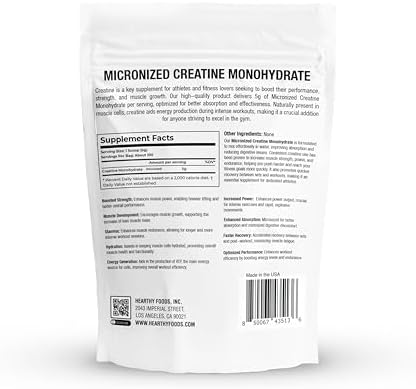 Hearthy Foods Micronized Creatine nutritional label and serving size details