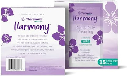 Theraworx Harmony 15 count individually wrapped wipes for travel convenience.
