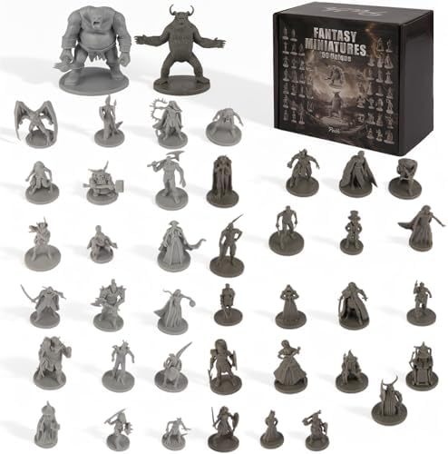 Path Gaming unpainted 28mm scale fantasy miniatures arranged on a grid battle mat.