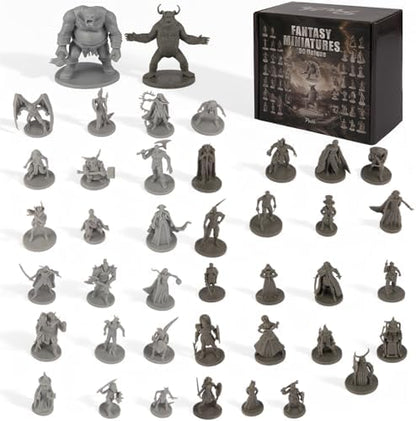 Path Gaming unpainted 28mm scale fantasy miniatures arranged on a grid battle mat.