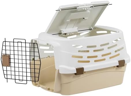 IRIS USA medium hard sided pet kennel showing the top loading door open for easy access.