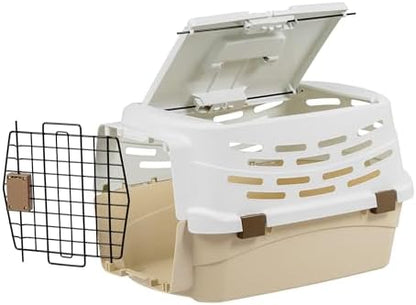 IRIS USA medium hard sided pet kennel showing the top loading door open for easy access.