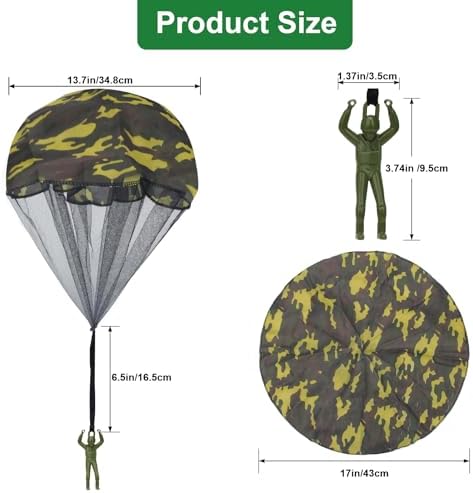 Unfolded green camouflage parachute toy canopy showing the realistic plastic army man figure attached