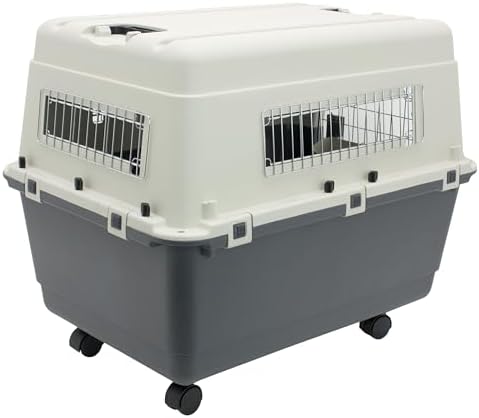 Sport Pet cream and gray rolling dog kennel being rolled using the top handle