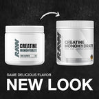 Raw Nutrition creatine powder packaging showing serving size and net weight details