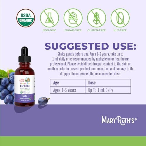 MaryRuth Organics liquid iron supplement bottle showing dropper application style for toddlers