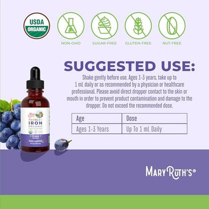 MaryRuth Organics liquid iron supplement bottle showing dropper application style for toddlers