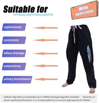 Side view of Lmaray urine bag holder pants with adjustable drawstring waist.
