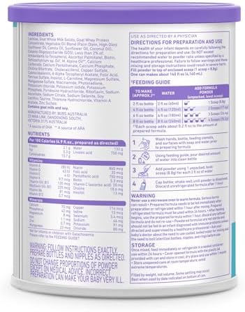 Australian made Bubs goat milk powder formula packaging side view with preparation instructions