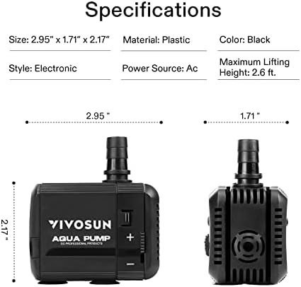 Vivosun 130GPH submersible pump packaging and complete unit layout