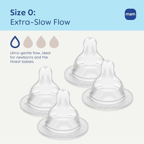 MAM newborn baby bottle teats showcasing the unique symmetrical flat shape for natural latching.