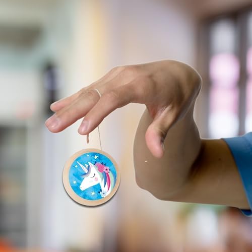 Detailed close up of unicorn artwork on wooden yo-yo