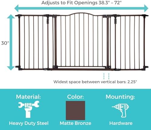 Adjustable metal baby gate angled fitting between living room walls