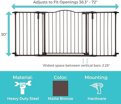 Adjustable metal baby gate angled fitting between living room walls