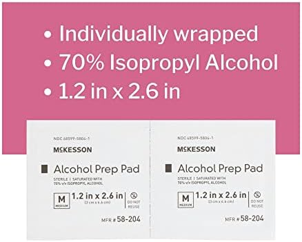 Close up of McKesson alcohol prep pad packet showing 70 percent concentration.
