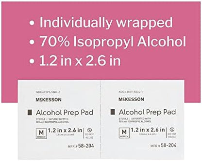 Close up of McKesson alcohol prep pad packet showing 70 percent concentration.