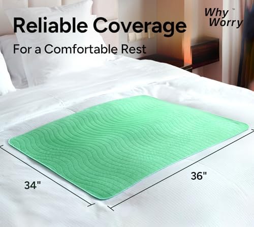 WhyWorry 34 by 36 inch reusable bed pad spread out on bed