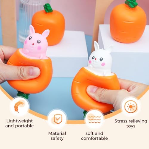 Six piece set of handmade carrot rabbit squeeze toys arranged on a clean background