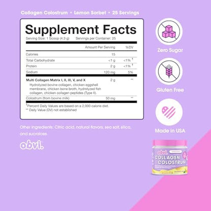 Obvi Multi Collagen and Grass Fed Bovine Colostrum supplement panel