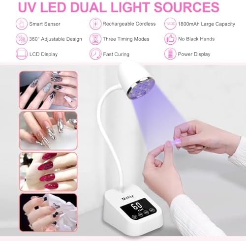 Cordless rechargeable flash cure light for gel extensions angled to demonstrate the flexible 360-degree rotating neck.