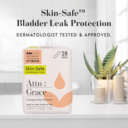 Attn Grace natural bladder leak liners for sensitive skin showing product thickness and length details.