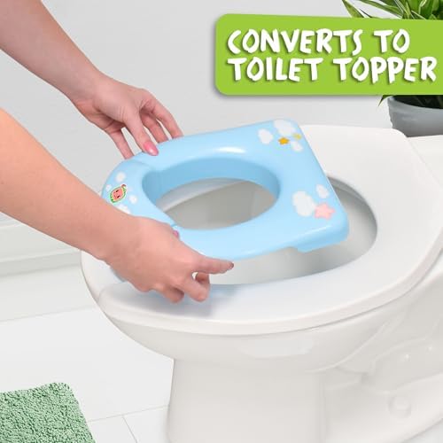 CoComelon official musical potty trainer with removable seat topper placed on a standard toilet