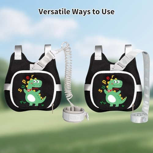 Toddler wearing dinosaur harness backpack with safety leash