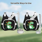 Toddler wearing dinosaur harness backpack with safety leash