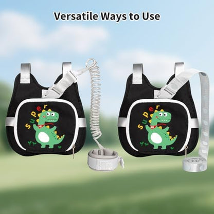 Toddler wearing dinosaur harness backpack with safety leash