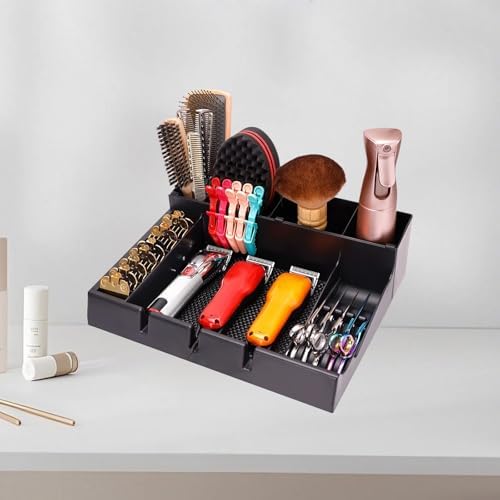 ZIBARBER multi compartment hair accessory organizer arranged on a professional barbershop counter setup.