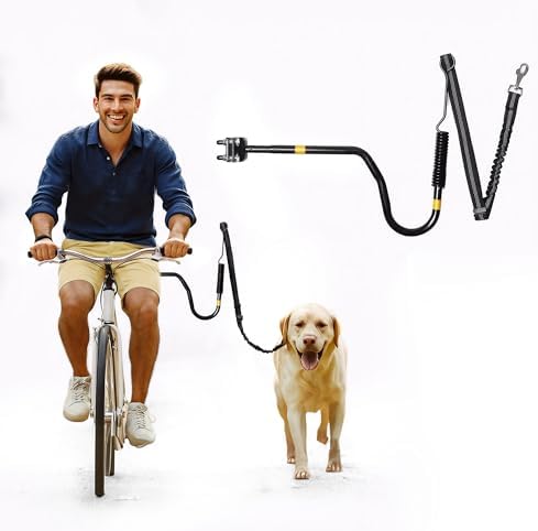 Heavy duty shock absorbing dog bicycle leash with quick release steel extension arm