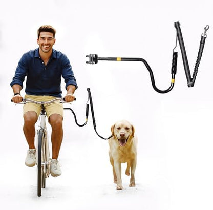 Heavy duty shock absorbing dog bicycle leash with quick release steel extension arm