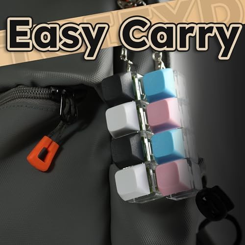 TGIFXD pocket keyboard fidget being pressed by a hand to demonstrate its travel friendly size equivalent to a small lipstick