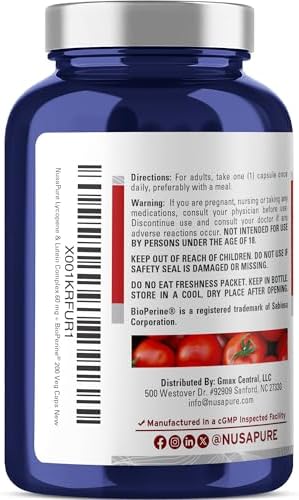 NusaPure Lycopene and Lutein bottle side profile showing vegan capsule count.