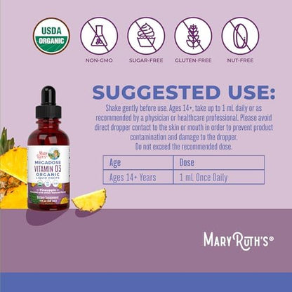 MaryRuth Organics Vitamin D3 4000 IU liquid drops side label with supplement facts and ingredients