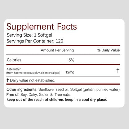High potency twelve milligrams astaxanthin antioxidant dietary supplement softgels
