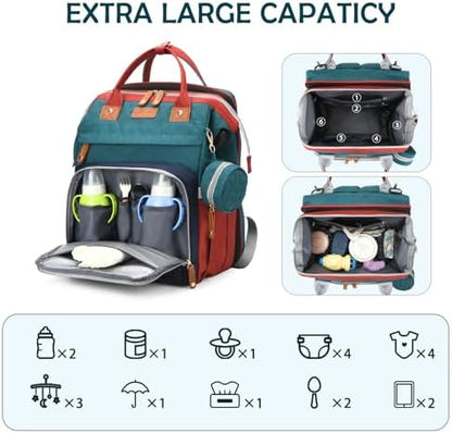 Close-up of the interior organization showing five insulated pockets holding baby milk bottles and a side wipe dispenser.