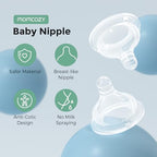 Momcozy premium natural flow silicone nipple highlighting the ultra soft breast like contour design.