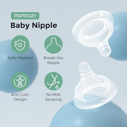 Momcozy premium natural flow silicone nipple highlighting the ultra soft breast like contour design.