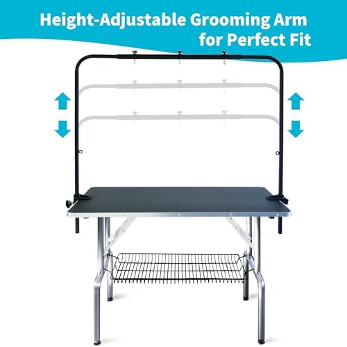 Adjustable overhead arm mechanism on grooming table