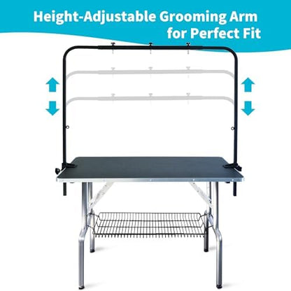 Adjustable overhead arm mechanism on grooming table