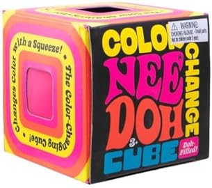 Squeezed Schylling Needoh cube revealing a vibrant color changing surprise